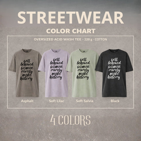 Kleurkaart met vier oversized acid wash T-shirts: asfalt, soft lila, soft salvia, black