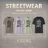 Kleurkaart met vier oversized acid wash T-shirts: asfalt, soft lila, soft salvia, black