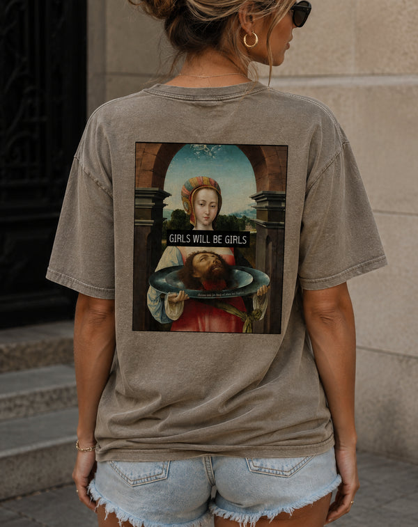 Asfaltgrijs vintage katoenen T-shirt met kunstprint op de achterkant.