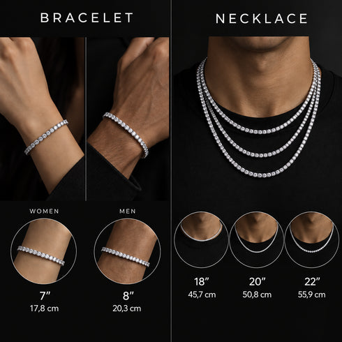 Zilverkleurige tennis armband en kettingen met ronde steentjes in meerdere lengtes