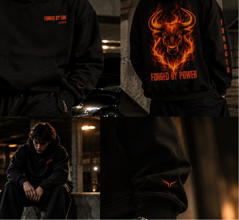 Zwarte hoodie close-up met vlammenprint, rode tekst en logomotief op borst en mouw