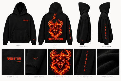 Zwarte oversized hoodie met vlammenprint op de rug en logo op de borst
