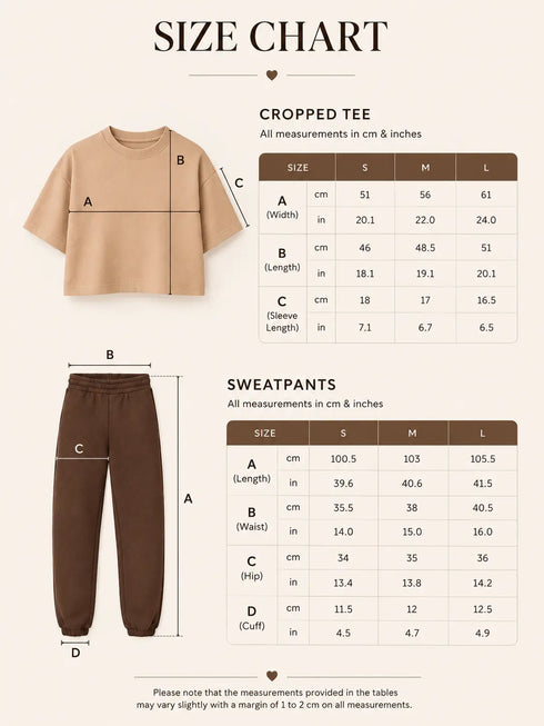 Maattabel: cropped tee en sweatpants, maten S–L, afmetingen in cm en inches.