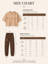 Maattabel: cropped tee en sweatpants, maten S–L, afmetingen in cm en inches.