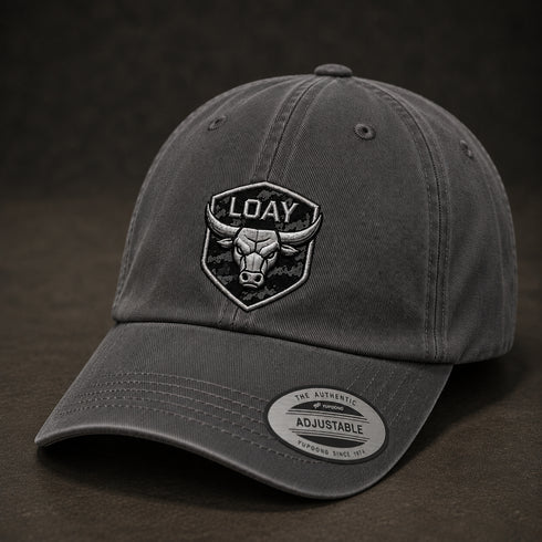 Unisex katoenen pet in grijs met geborduurde LOAY schildpatch en verstelbaar label