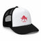 Truckerpet met zwarte mesh, witte voorzijde en rood stierlogo met ‘Power’, zwarte klep