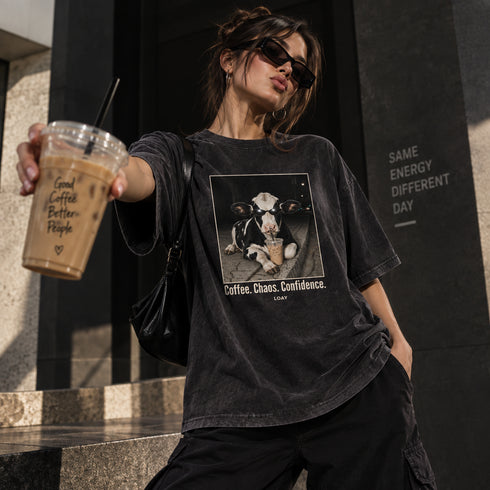 Oversized mineral wash T-shirt, zwarte met grote rugprint en ronde hals