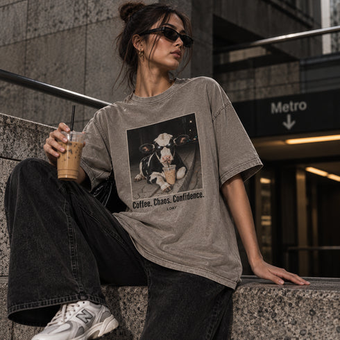Oversized mineral wash T-shirt, grijs met frontprint en wijde pasvorm