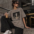 Oversized mineral wash T-shirt, grijs met frontprint en wijde pasvorm