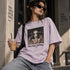 Oversized mineral wash T-shirt, lila lavendel met frontprint en ronde hals