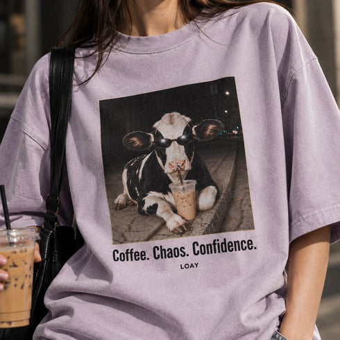 Oversized mineral wash T-shirt, lila lavendel met close-up frontprint