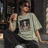 Oversized mineral wash T-shirt, saliegroen met frontprint en ronde hals