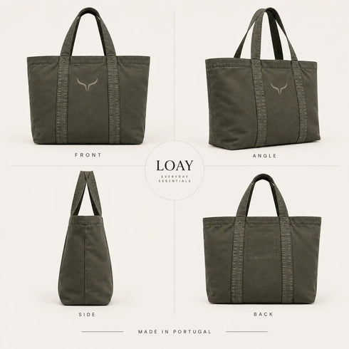 Canvas tote tas in olijfkleur met voor-, zij- en achterkant, brede hengsels en logo.