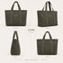 Canvas tote tas in olijfkleur met voor-, zij- en achterkant, brede hengsels en logo.