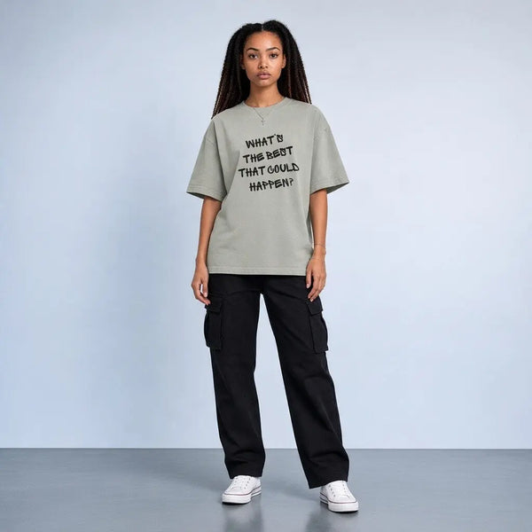 Oversized T-shirt in asgrauwgroen met zwarte tekstprint op de voorkant