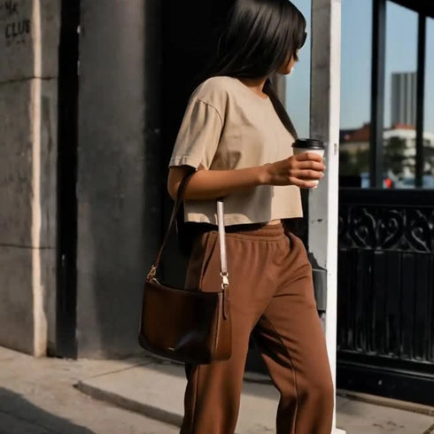 Zandkleurig cropped T-shirt met korte mouwen en borstlogo; bruine sweatpants met elastische taille.