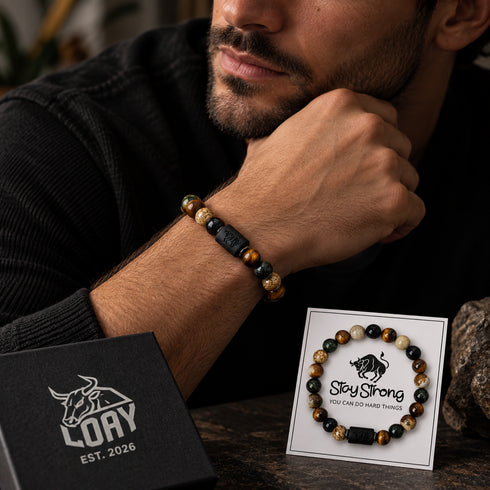 LOAY STAY STRONG natuurstenen kralenarmband met zwarte, bruine en beige natuurlijke gemstones
