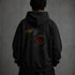 Zwarte hoodie met capuchon en grote zwarte-rondom oogprint op de rug.