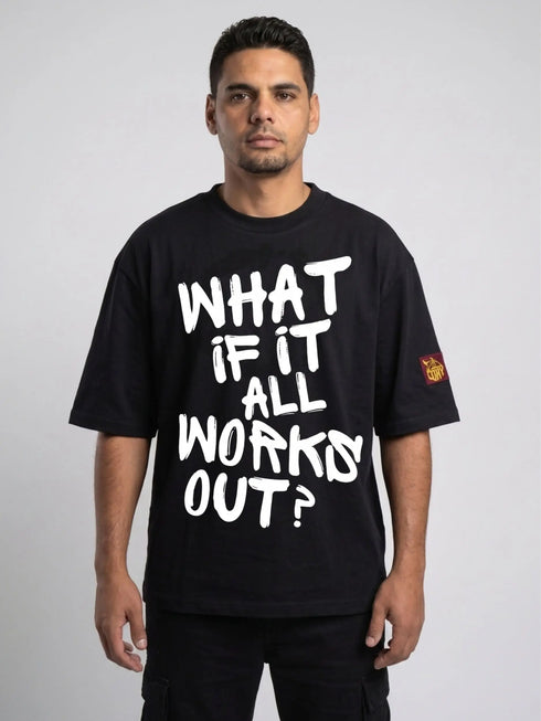 zwart oversized heavyweight 240 GSM T-shirt met de inspirerende quote "What If It All Works Out?" in een handgeschreven typography design en geborduurd LOAY-logo op de mouw.