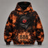 Oranje-zwarte tie-dye hoodie met grote borstprint 888 en capuchon