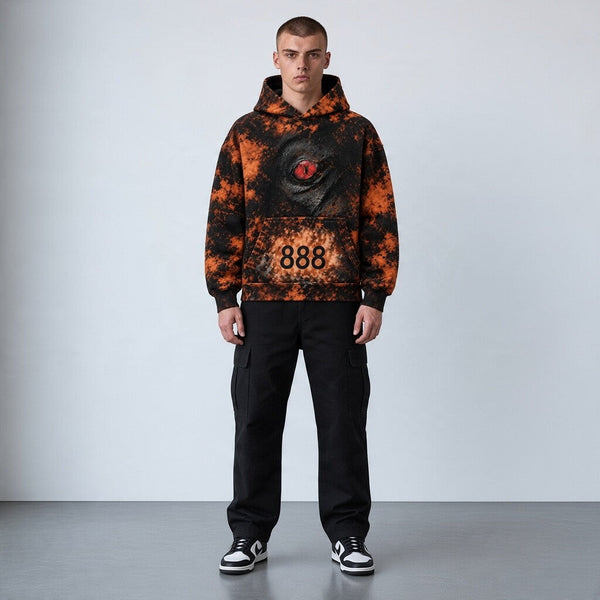 Tie-dye hoodie met capuchon, oranje/zwart, geborduurd oog en 888 op borst
