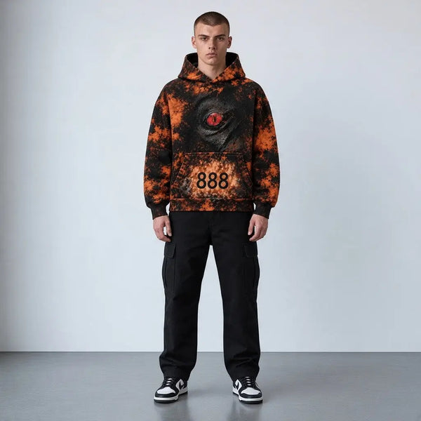Tie-dye hoodie met capuchon, oranje/zwart, geborduurd oog en 888 op borst